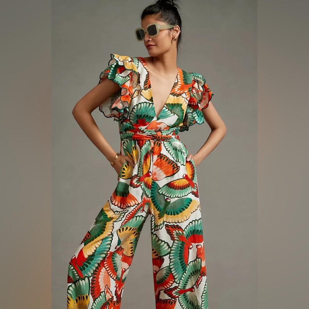 Anthropologie Ruffle-Sleeve Linen Jumpsuit Sz M - Picture 2 of 6